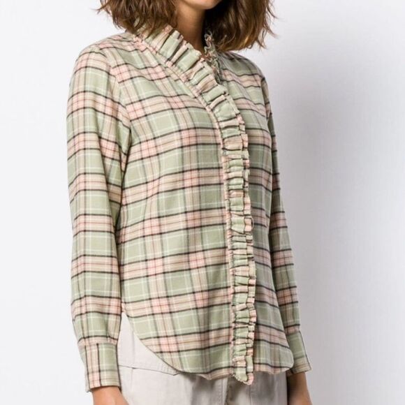 Isabel Marant Etoile Awendy Flannel Ruffled Plaid Shirt Green - Picture 1 of 12